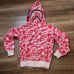 A Bathing Ape BAPE Pink Camo Shark Face Full Zip Hoodie Streetwear Hype